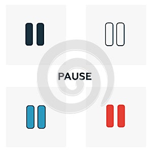 Pause icon set. Four elements in diferent styles from audio buttons icons collection. Creative pause icons filled, outline,