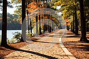 a paved path leads to a lake surrounded by trees