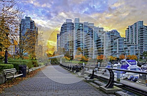 Paved pathway along Coal Harbour in Vancouver, Canada. photo