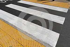 Paved Pedestrian Crossing, Grey White Crosswalk, Safety Zebra on Modern Tiles Pathway