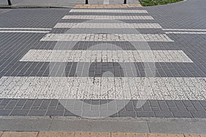 Paved Pedestrian Crossing, Grey White Crosswalk, Safety Zebra on Modern Tiles Pathway