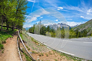 Paved two lane road crossing mountains and forest in scenic alpine landscape and moody sky, fisheye view. Summer adventure and