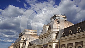 Paveletsky railway terminal against the moving clouds-- is one of the nine railway terminals in Moscow, Russia