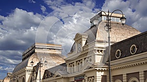 Paveletsky railway terminal against the moving clouds-- is one of the nine railway terminals in Moscow, Russia