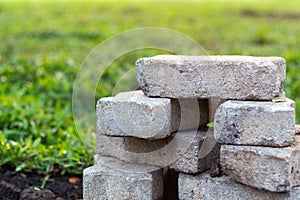 Pavement bricks and paving slabs on the grass