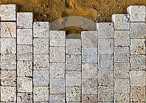 Pavement pavestone paving bricks stone bricks placing, sidewalk works