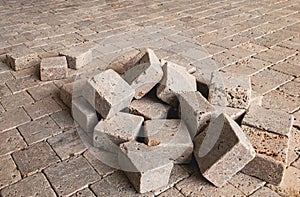 Pavement pavestone paving bricks stone bricks placing, sidewalk works