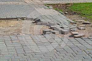 A pavement with paving stones, which was dismantled during the riots, protests and clashes with the police. Protestants photo