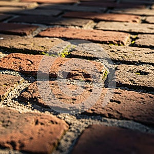 Pavement set in a herringbone pattern. The bricks have weathered
