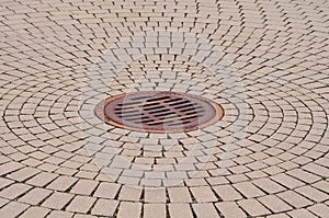 Manhole in street with circular pattern