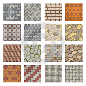 Pavement stones seamless pattern, paving stone city road texture. Pavements sidewalk tiles, brick pathway, stone paving