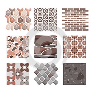 Pavement textures and floor tiles set. Cartoon isolated blocks and stones of paved street and sidewalk, natural bricks