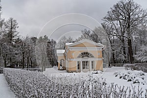 Pavilion Aviary and Green Labyrinth.  The Winter landscape. Pavlovsk Palace Park. Saint-Petersburg, Russia