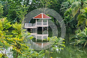 Pavilion by lake in Bang Krachao park, Bangkok
