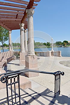 A pavilion looking out to the promenade and lake in Lakeland Florida.