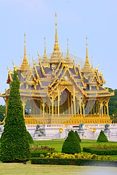 Pavilion of the Memorial Crowns of the Auspice, just east of the Ananta Samakhom Throne Hall, in Bangkok, Thailand. Front view fro