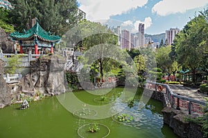 Pavilion and pond at the Wong Tai Sin Temple in Hong Kong