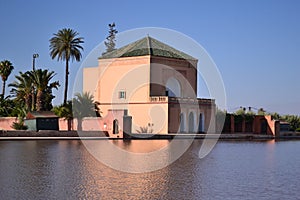 Pavillion in Menara Garden basin, Marrakech. Morocco