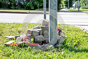 Paving bricks piled by the road, sidewalk construction
