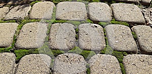 Paving slabs with a grass. Cobblestone striped pathway. Detail of ancient road surface . Grey paving stones closeup.