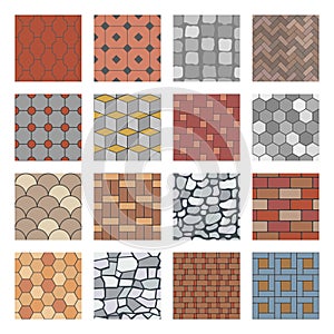 Paving stone pattern. Brick paver walkway, rock stones slab and street pavement floor block seamless vector patterns set