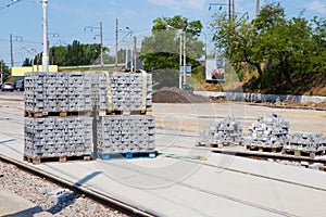 Paving stones on city street, road repair