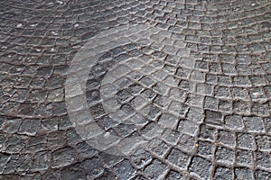 Paving stones - a hard road surface, a kind of pavement, lined with flat rectangular bars of the same shape and size