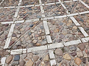 Paving stones with a radial pattern.