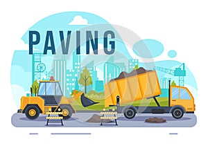 Paving Vector Illustration with Road Construction and Highway Maintenance Workers Working on Asphalt Roads with Drilling Machine