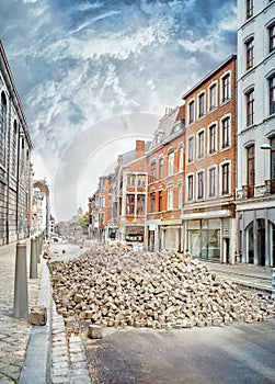 Paving works on the street of the old town of Liege