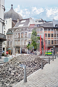 Paving works on the street of the old town of Liege