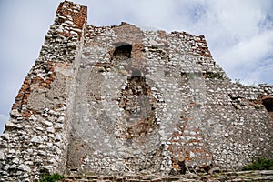 Pavlov, South Moravia, Czech Republic, 05 July 2021:  ruins of medieval stone Devicky or Girls` castles, St. Jacob`s Way, sunny