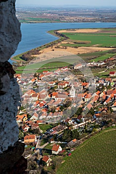 Pavlov village with Nove Mlyny water reservoir from Divci hrad castle ruins in Czech republic