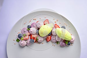 Pavlova | Basil Ice Cream | Blueberry Meringue | Strawberry Marshmallows