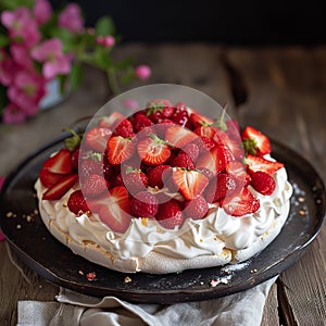 Pavlova cake with cream and fresh berries