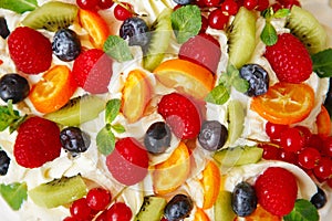 Pavlova cake with cream and fresh summer berries. Close up of Pavlova dessert with forest fruit and mint