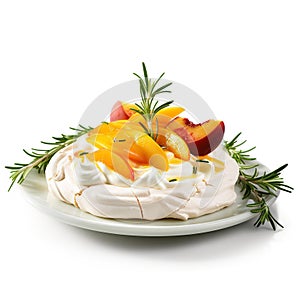 Pavlova cake with peaches and rosemary
