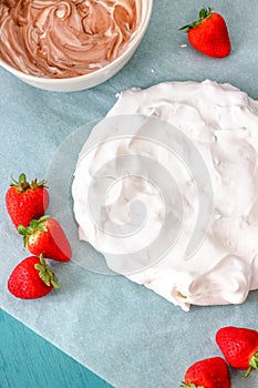 Pavlova Cake with Strawberries and Chocolate Cream