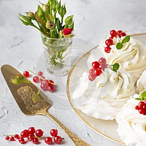 Pavlova cakes with cream and fresh summer berries. Close up of Pavlova dessert with forest fruit and mint. Food photo