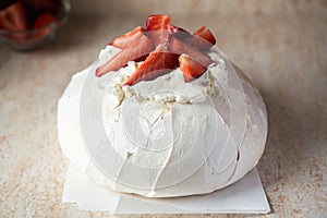 Pavlova - Famous Australian dessert with strawberries. Close up