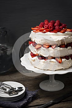 Pavlova, Meringue Cake with Fruit and Whipped Cream