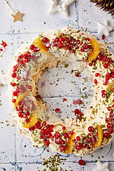 Pavlova wreath with fresh fruits