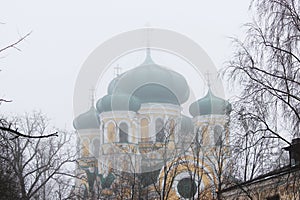 Pavlovsk cathedral in Gatchina, in the january of 2017. Russia. Winter fog
