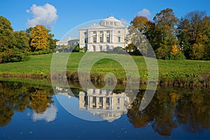 Pavlovsk Palace and its reflection sunny afternoon. Pavlovsk, Saint-Petersburg. Russia