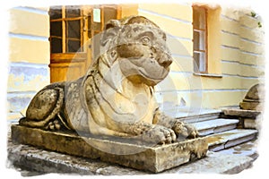 Pavlovsk, Russia. Sculpture of a reclining lion