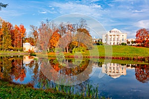 Pavlovsky park autumn landscape with Pavlovsk palace, Saint Petersburg, Russia