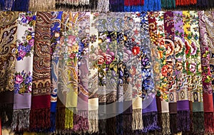 Pavlovsky Posad`s shawls at the trade exhibition, Moscow