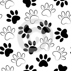 Paw black print seamless. Vector illustration animal paw track pattern. backdrop with silhouettes of cat or dog footprint