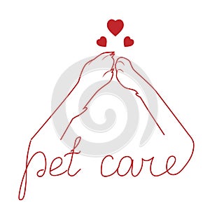 Paw of a cat and a dog connected together, linear silhouette. Friendship between pets, caring for pets. Vector illustration