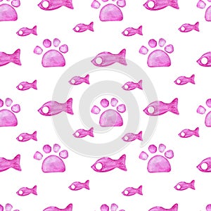 Paw cat watercolor pink fish featherless pattern on white background